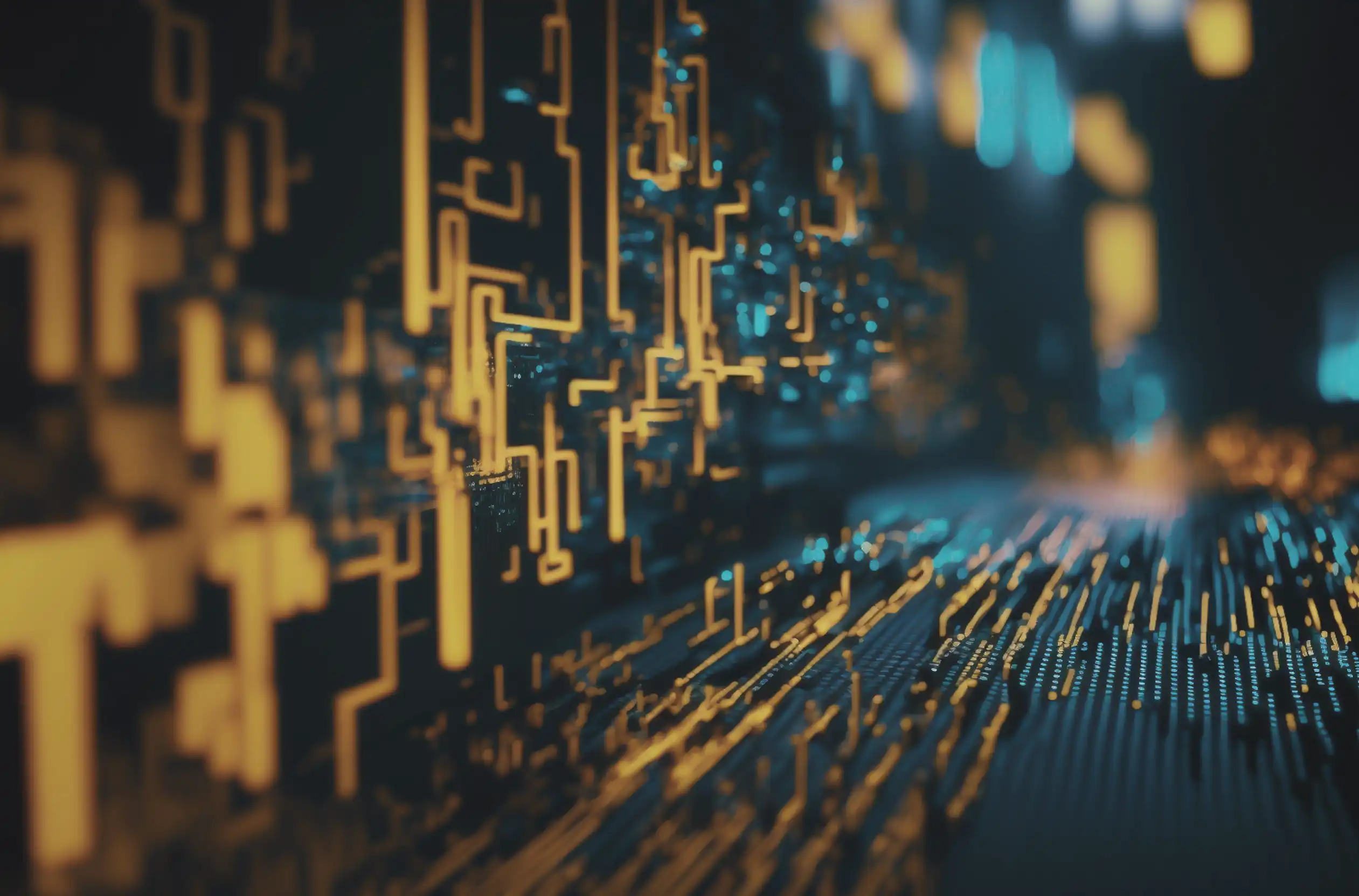 Abstrakte digitale Schaltkreise in Blau- und Orangetönen, symbolisieren moderne Dateninfrastruktur und den Wandel analytischer Systeme im Kontext strategischer Entscheidungen zu SAS 9