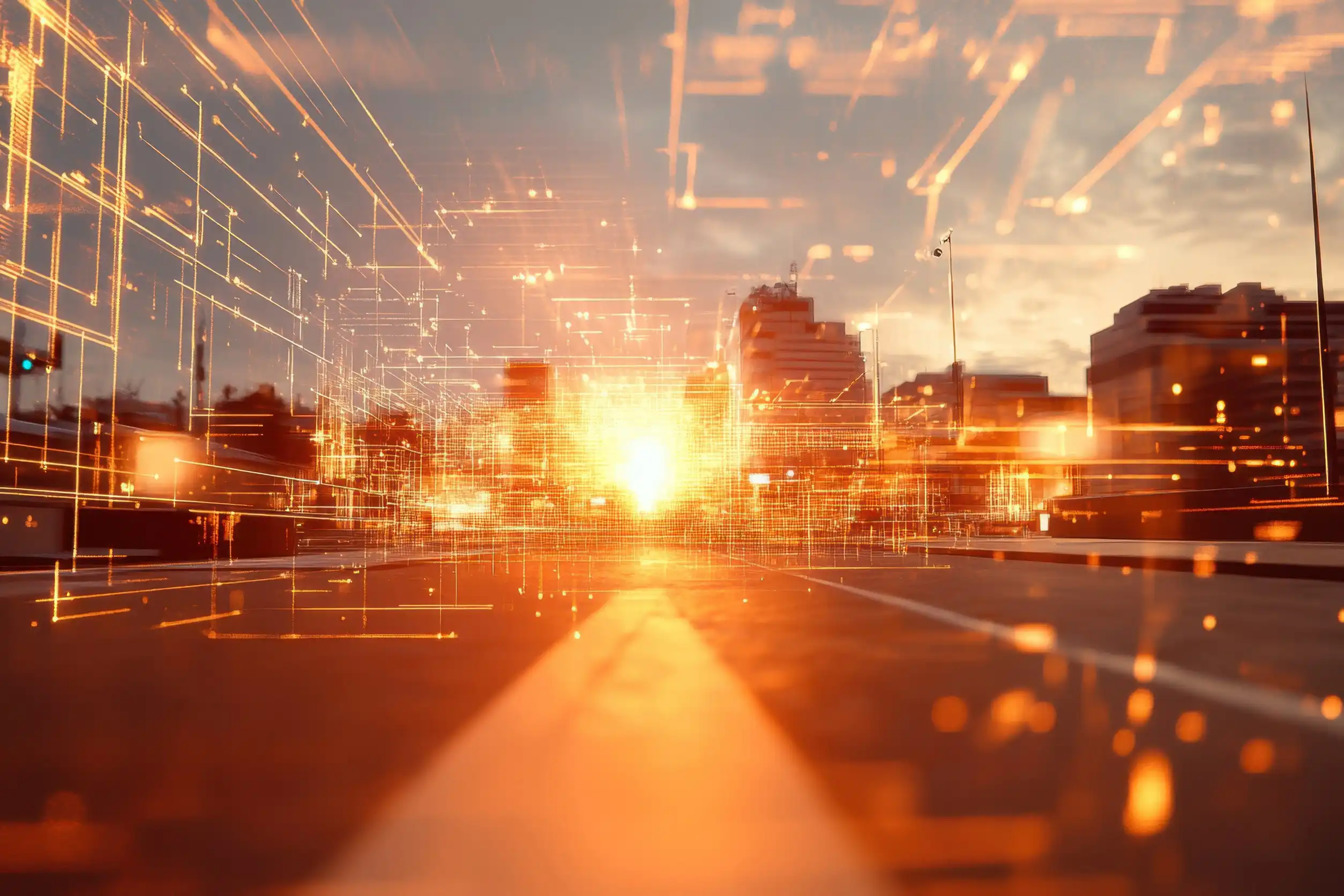 Abstract visualization of digital infrastructure: networked data lines overlaying an urban skyline at sunset – symbolizing technological connectivity and digital sovereignty.