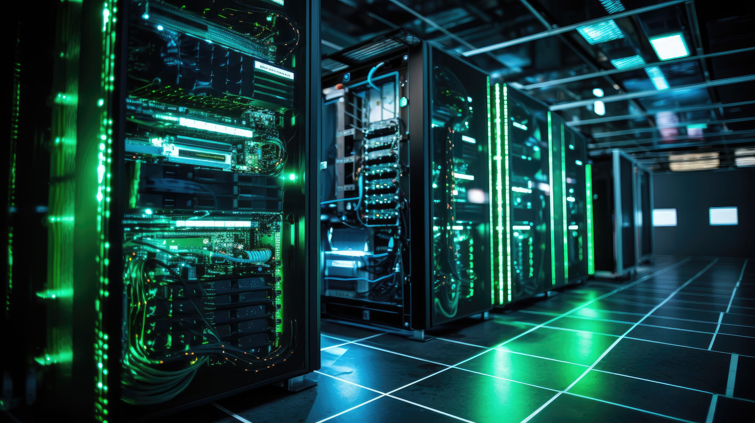 Server racks in a modern data center with green LED lighting, symbolizing data processing and IT infrastructure