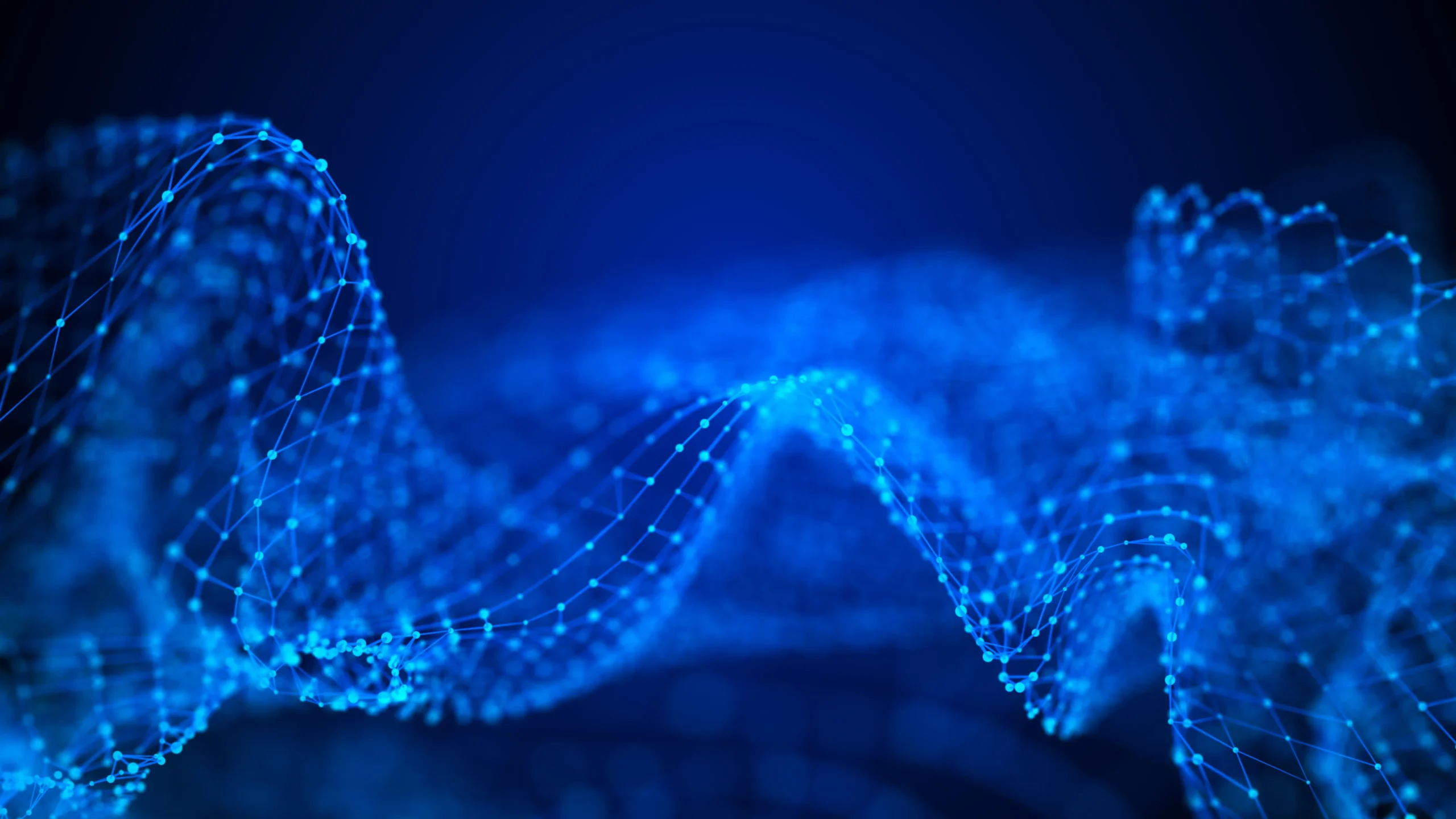 Abstract 3D visualization of blue data points and connections representing a vector space and semantic search in GenAI applications