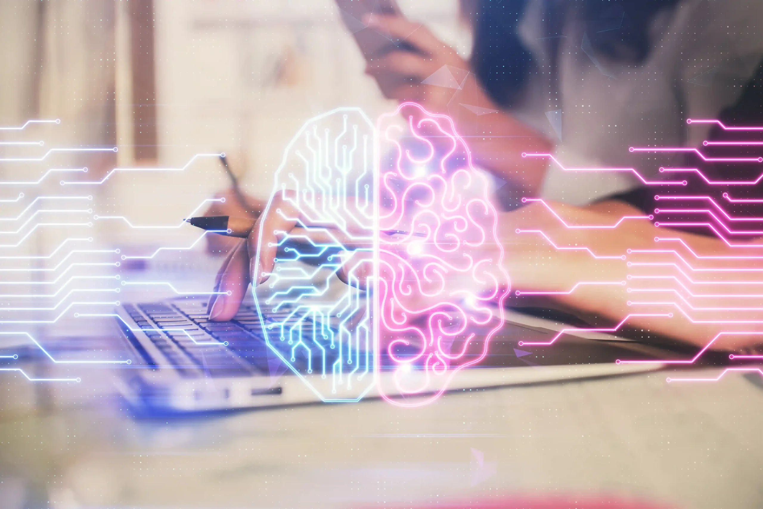 Agentic AI services – person working on laptop with visualized AI brain and circuit patterns