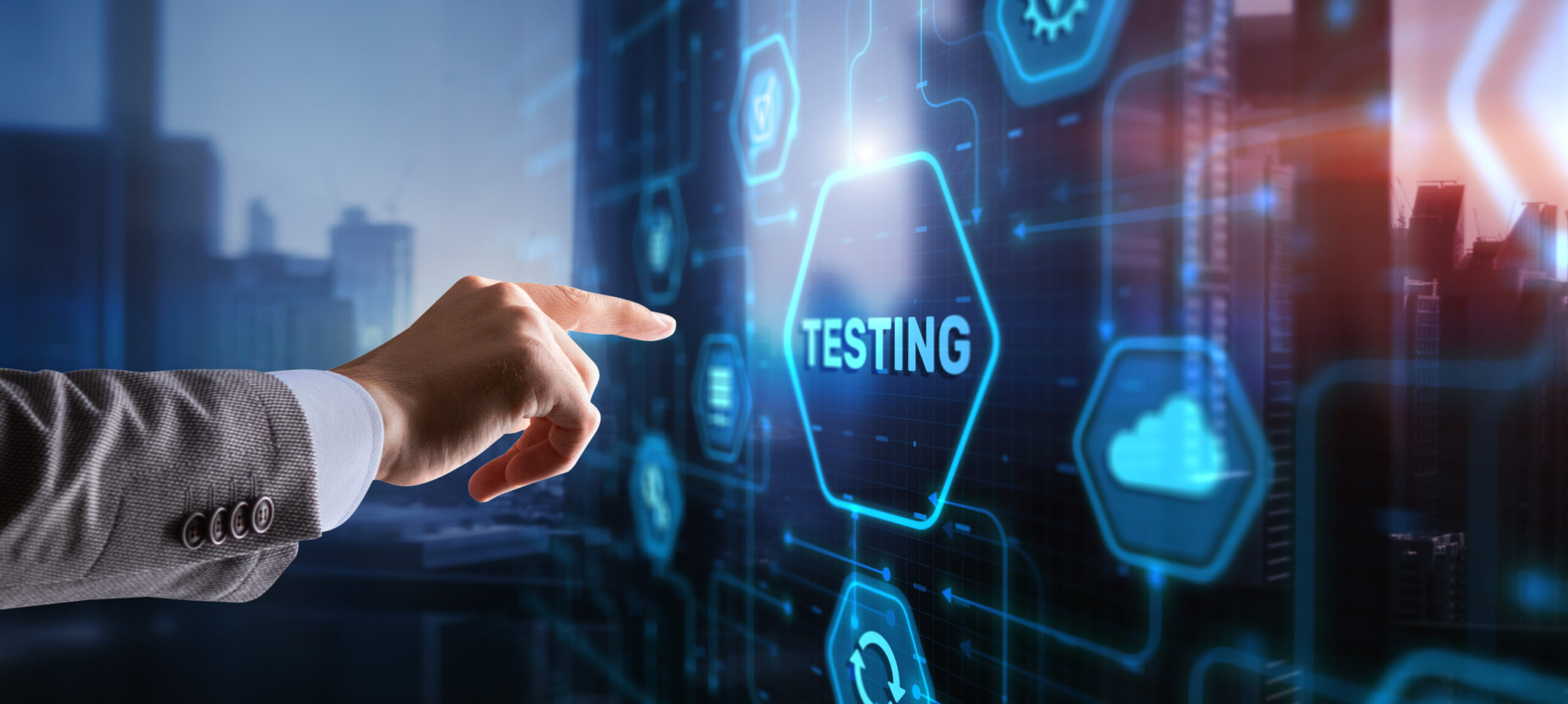 Hand pressing digital TESTING button, symbolizing early LLM tracing and quality assurance in AI projects.