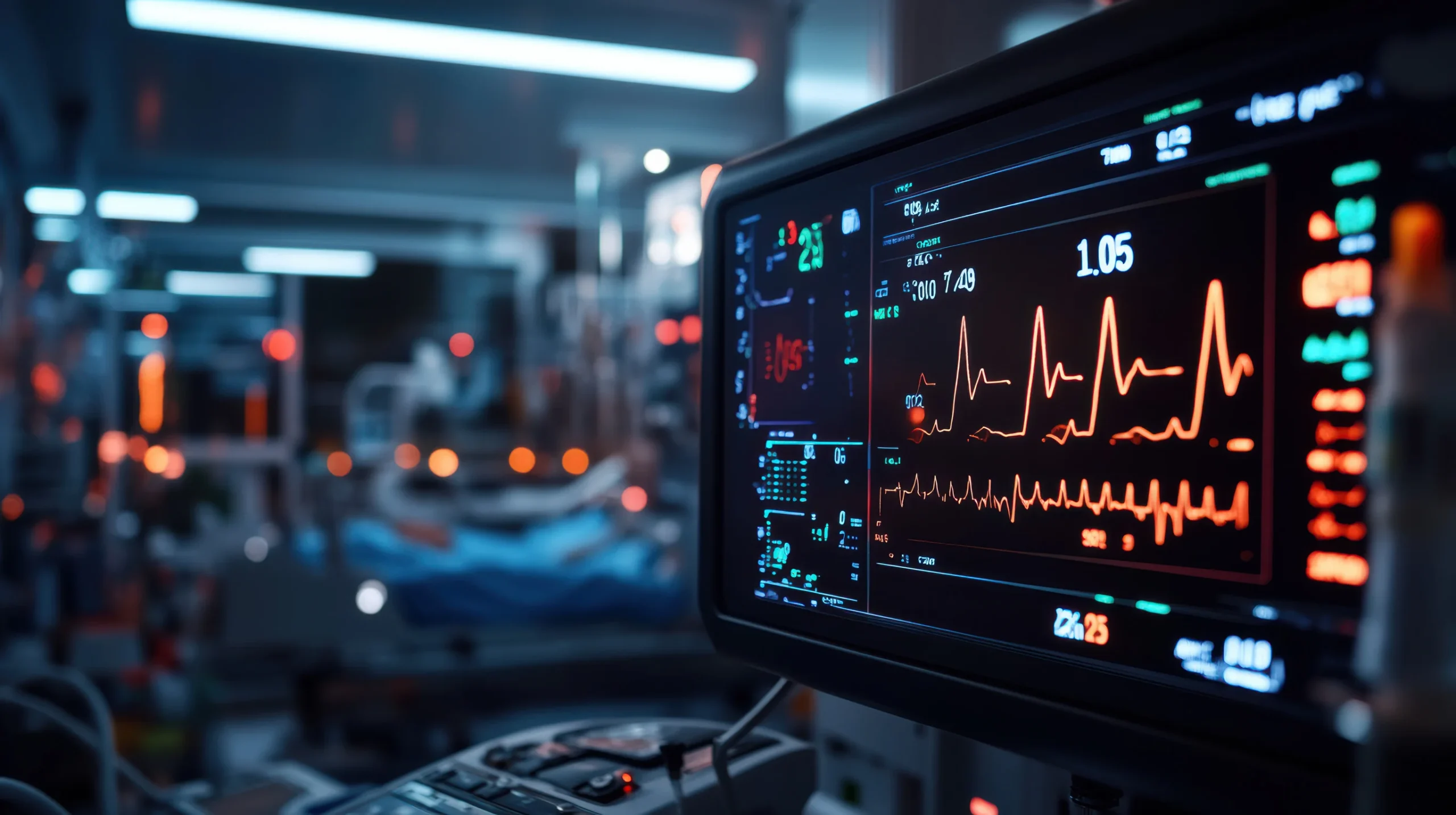 Monitor auf einer Intensivstation mit grafischer Darstellung von Herzfrequenz und weiteren Vitalwerten, wie sie f&uuml;r KI-gest&uuml;tzte Auswertungen in der Intensivmedizin genutzt werden