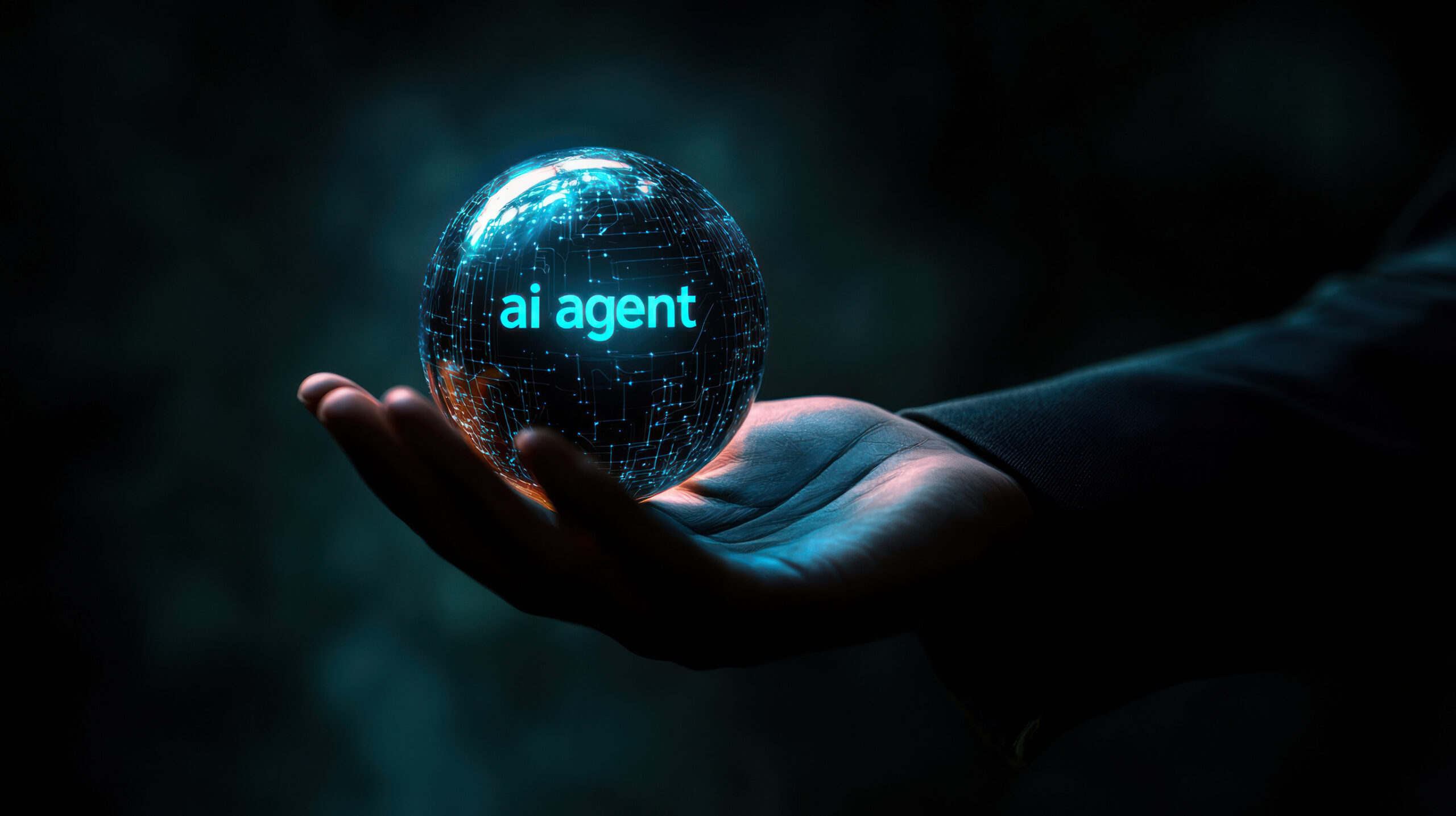 Hand holding a glowing sphere symbolizing a non-generative AI agent focused on precision and reproducibility