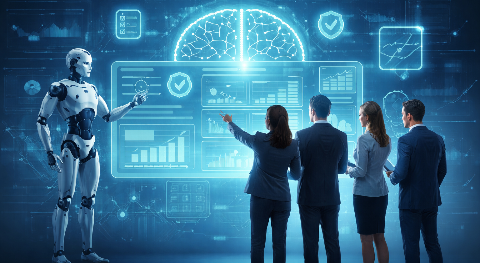 Business-Team analysiert transparente KI-Dashboards zur Erkl&auml;rung von Explainable AI (XAI) f&uuml;r Vertrauen und Compliance.