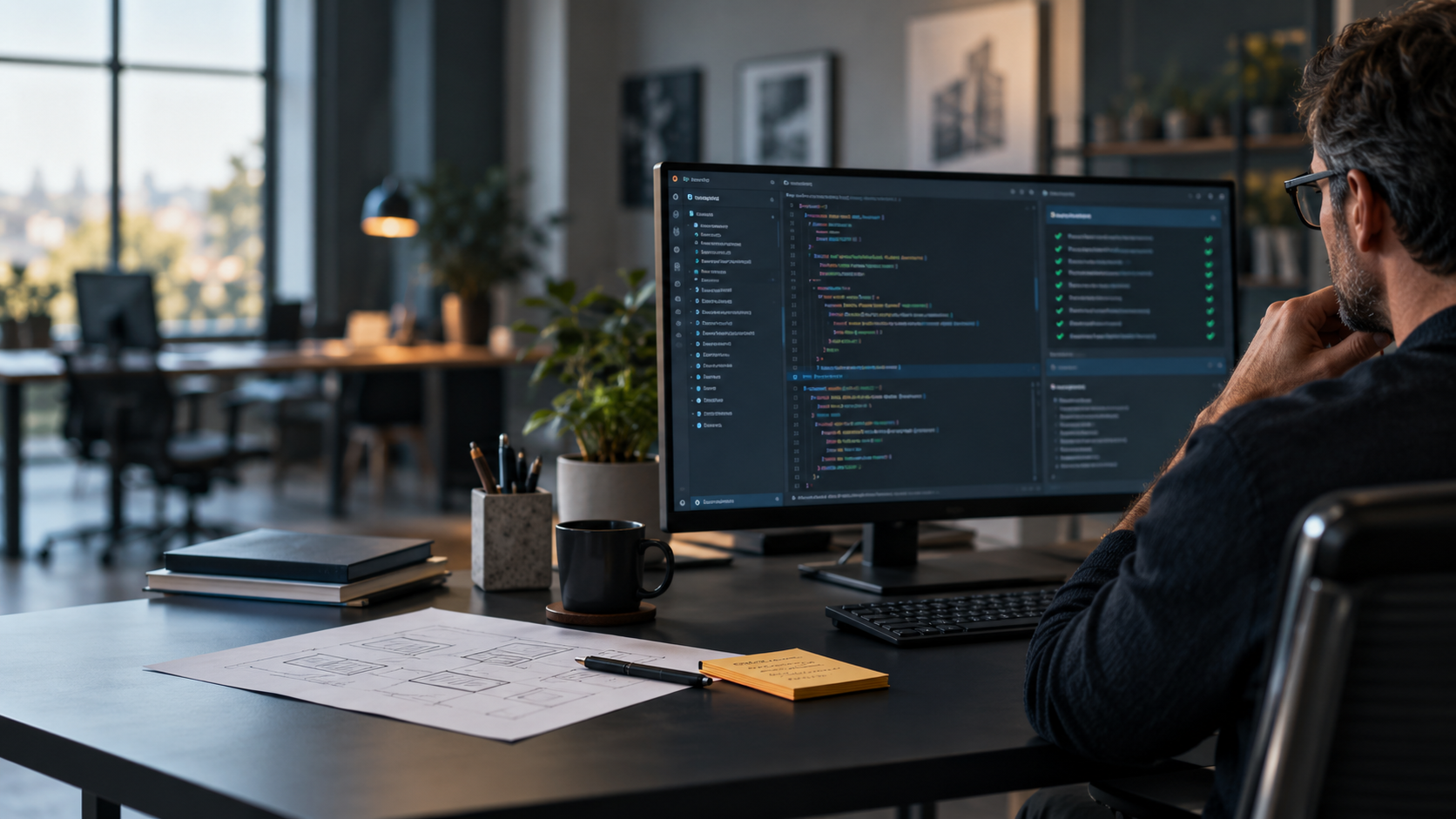 Software engineer reviewing code and test results in a structured AI coding agent workflow.